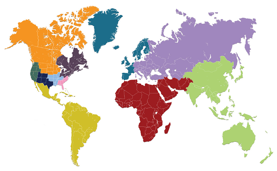Map of world color coded to sales reps regions